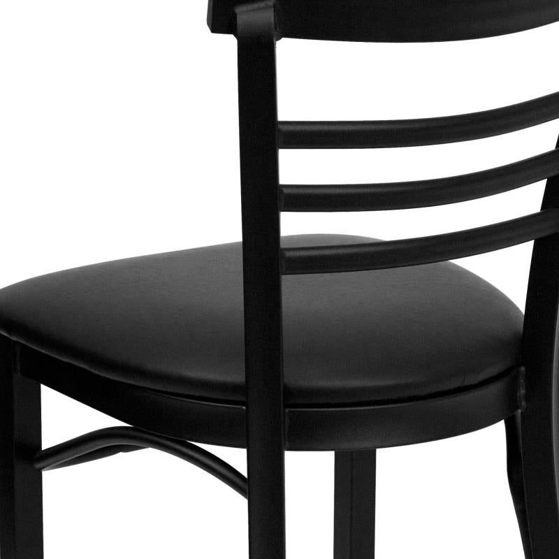 FLASH HERCULES Series Black Three-Slat Ladder Back Metal Restaurant Chair - Vinyl Seat