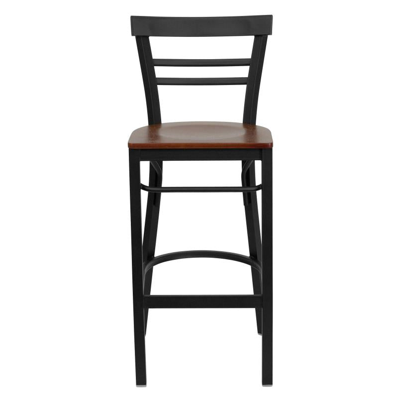 FLASH HERCULES Series Black Two-Slat Ladder Back Metal Restaurant Barstool - Wood Seat