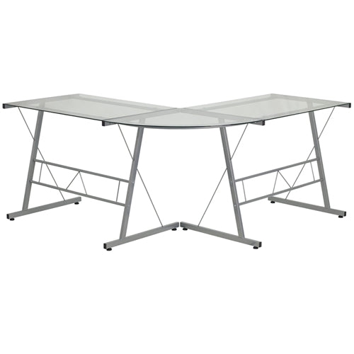 Glass L-Shape Computer Desk With Silver Frame Finish By Flash Furniture