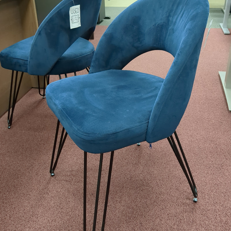 USED - Modern blue velvet armless guest chair with black steel legs