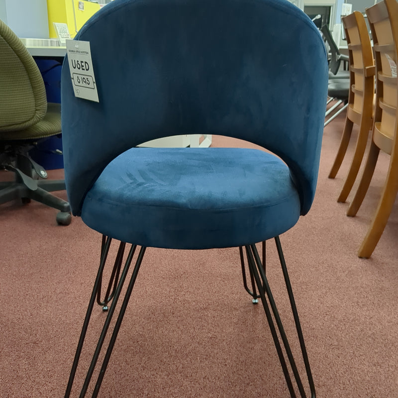 USED - Modern blue velvet armless guest chair with black steel legs