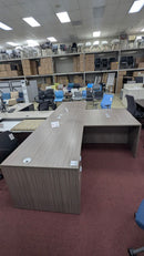 USED L-Shape Desk 71" x 35.5" with 41" x 23" Return & Box/File Pedestal – Driftwood Finish