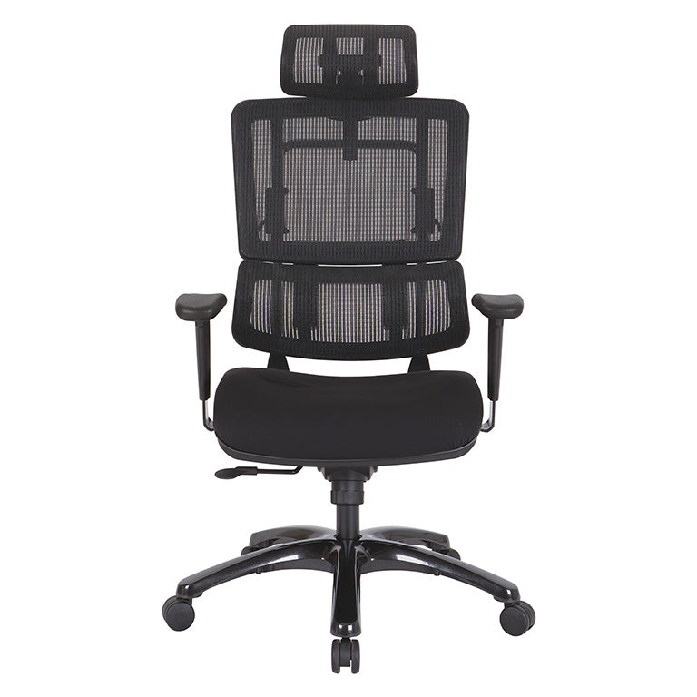 Pro Line II by Office Star Products VERTICAL BLACK MESH BACK CHAIR WITH SHINY BLACK BASE WITH HEADREST - 99663BHRB-30