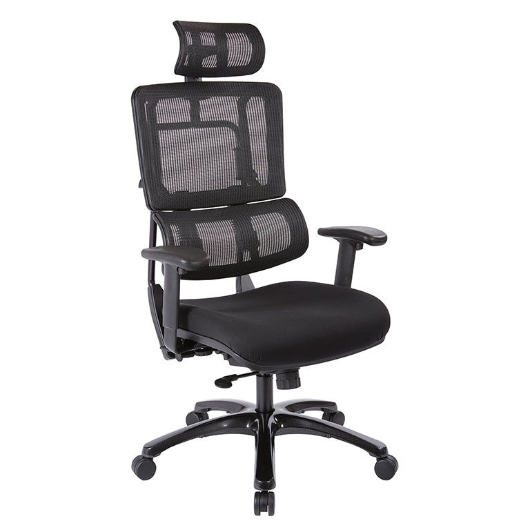 Pro Line II by Office Star Products VERTICAL BLACK MESH BACK CHAIR WITH SHINY BLACK BASE WITH HEADREST - 99663BHRB-30