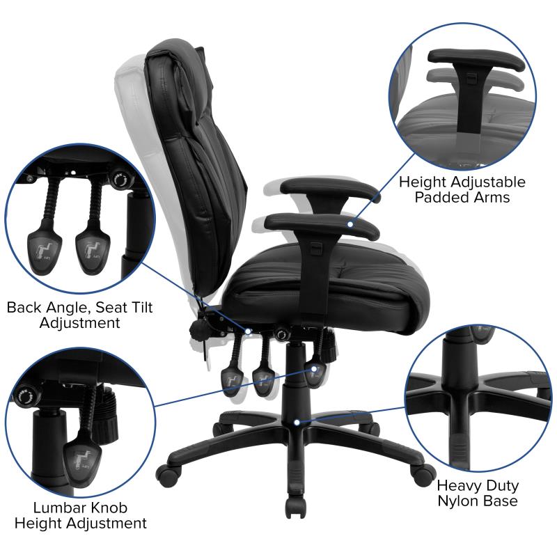 FLASH Hansel High Back Black LeatherSoft Multifunction Executive Swivel Ergonomic Office Chair with Lumbar Support Knob with Arms - BT-9835H-GG