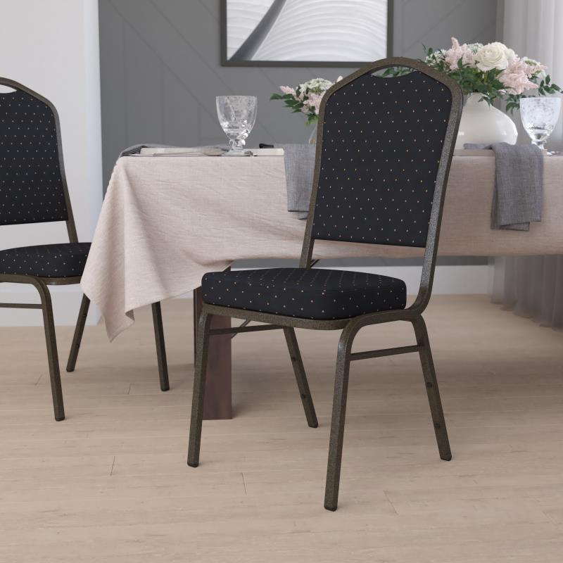 FLASH FURNITURE HERCULES Series Crown Back Stacking Banquet Chair in Black Patterned Fabric - Gold Vein Frame