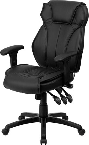 FLASH Hansel High Back Black LeatherSoft Multifunction Executive Swivel Ergonomic Office Chair with Lumbar Support Knob with Arms - BT-9835H-GG