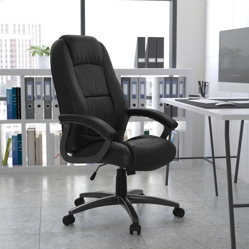 FLASH Jules High Back Black LeatherSoft Executive Swivel Ergonomic Office Chair with Deep Curved Lumbar and Arms - GO-7145-BK-GG