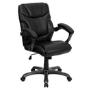 Silla de oficina ergonómica giratoria FLASH Megan con respaldo medio de cuero suave negro y brazos - GO-724M-MID-BK-LEA-GG
