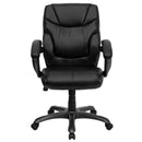 Silla de oficina ergonómica giratoria FLASH Megan con respaldo medio de cuero suave negro y brazos - GO-724M-MID-BK-LEA-GG