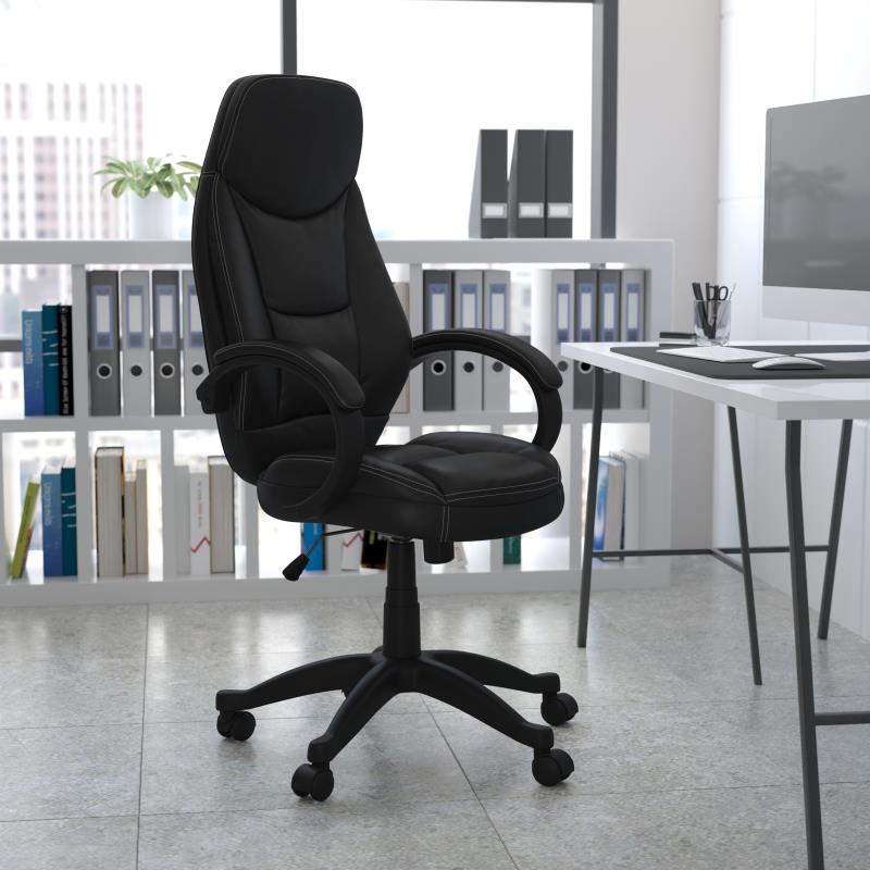 FLASH Leonard High Back Black LeatherSoft Contemporary Executive Swivel Ergonomic Office Chair with Curved Back and Loop Arms - H-HLC-0005-HIGH-1B-GG