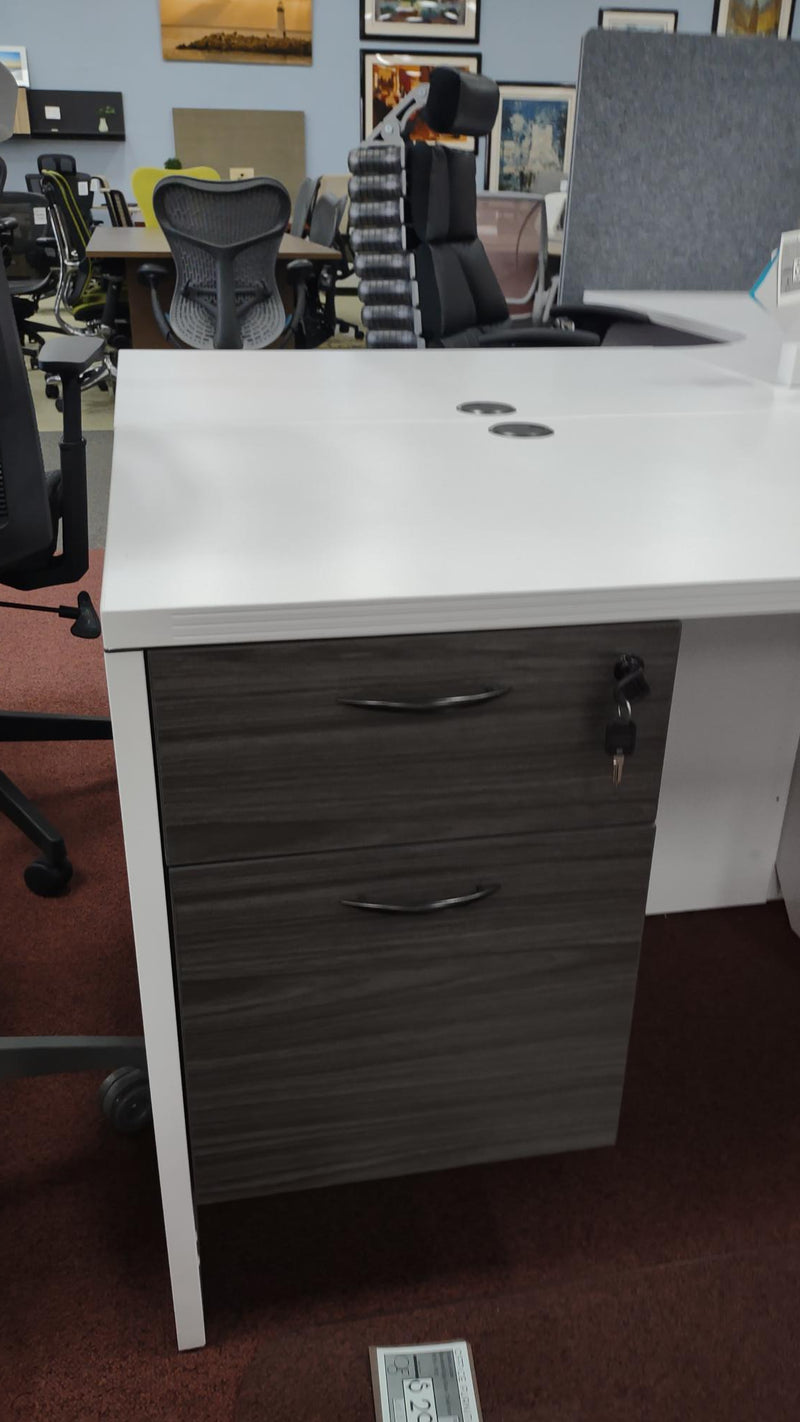 White L-Shape Desk Napa Series Compu-Corner with Box and File driftwood ped.