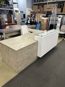 Used L-Shaped Reception Desk with Glass Transaction Counter – Driftwood Finish