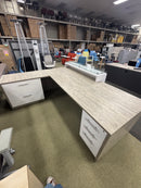 Used L-Shaped Reception Desk with Glass Transaction Counter – Driftwood Finish