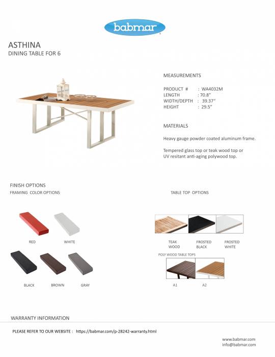 Asthina Dining Table For Six- 70.8"W x 39.3"D x 29.5"H