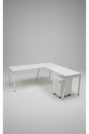 USED L-Shaped Desk – White Finish with Metal Legs and White Pedestal