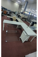 USED L-Shaped Desk – White Finish with Metal Legs and White Pedestal