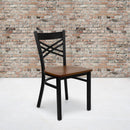 FLASH FURNITURE HERCULES Series Black ''X'' Back Metal Restaurant Chair - Wood Seat