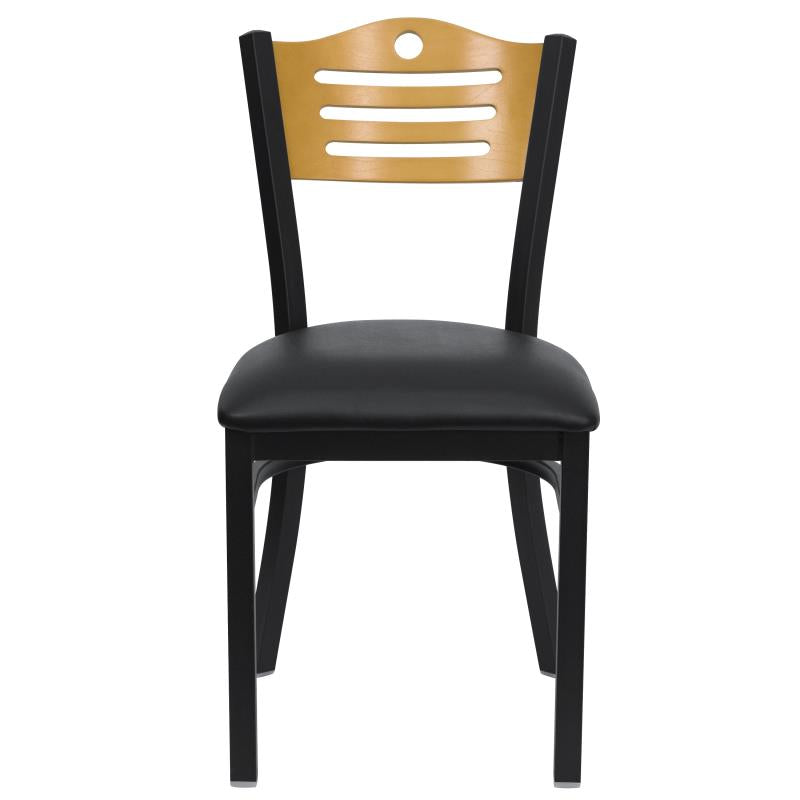 FLASH FURNITURE HERCULES Series Black Slat Back Metal Restaurant Chair - Natural Wood Back, Black Vinyl Seat