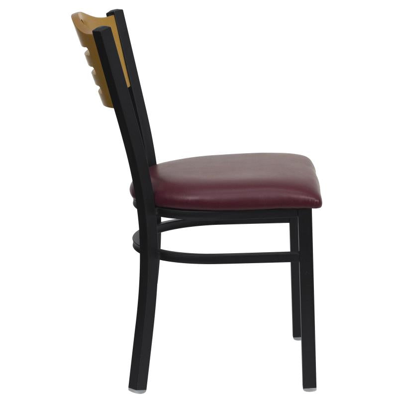 FLASH FURNITURE HERCULES Series Black Slat Back Metal Restaurant Chair - Natural Wood Back, Burgundy Vinyl Seat