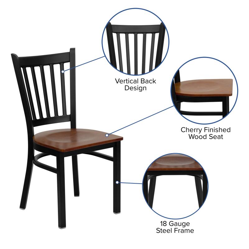 FLASH FURNITURE HERCULES Series Black Vertical Back Metal Restaurant Chair - Cherry Wood Seat