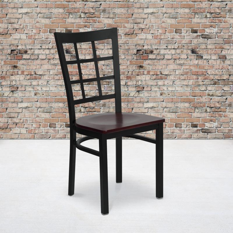 FLASH FURNITURE HERCULES Series Black Window Back Metal Restaurant Chair - Mahogany Wood Seat