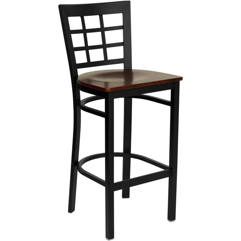 FLASH FURNITURE HERCULES Series Black Window Back Metal Restaurant Barstool - Mahogany Wood Seat