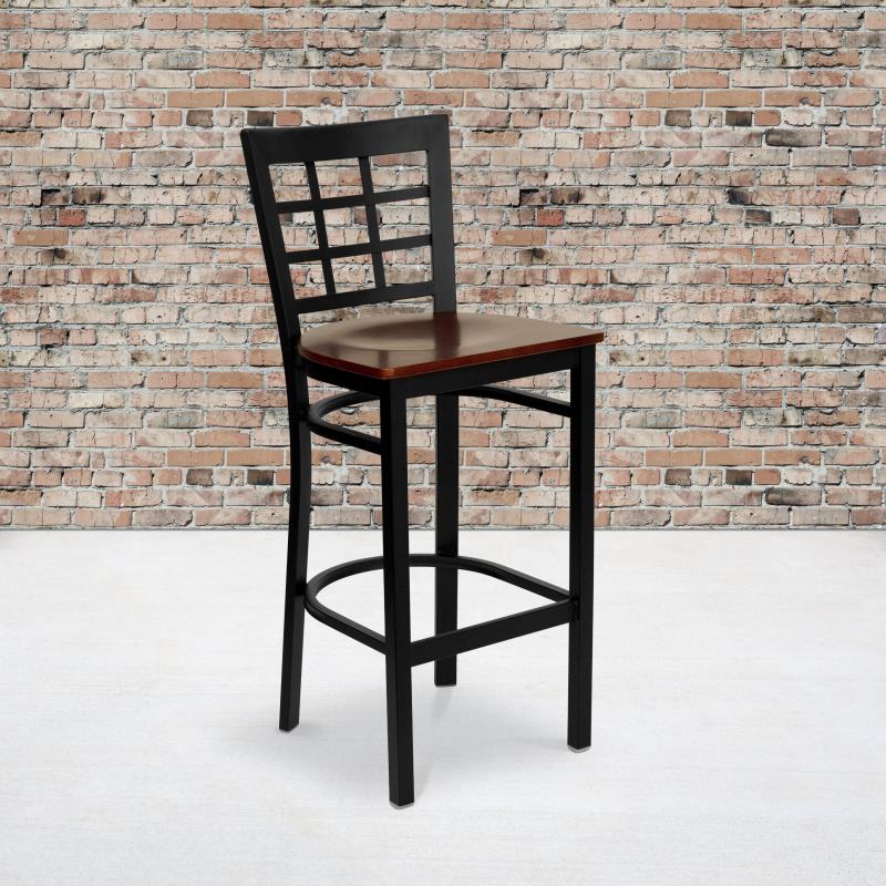 FLASH FURNITURE HERCULES Series Black Window Back Metal Restaurant Barstool - Mahogany Wood Seat