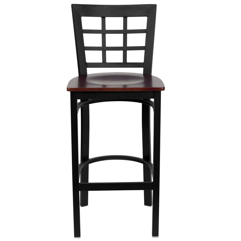 FLASH FURNITURE HERCULES Series Black Window Back Metal Restaurant Barstool - Mahogany Wood Seat