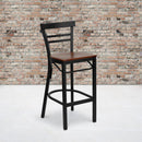 FLASH HERCULES Series Black Two-Slat Ladder Back Metal Restaurant Barstool - Wood Seat