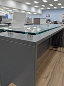 USED Deskmakers Reception Desk 72" x 30" with Dual Box/Box/File Pedestals – Walnut Finish