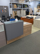 USED Deskmakers Reception Desk 72" x 30" with Dual Box/Box/File Pedestals – Walnut Finish