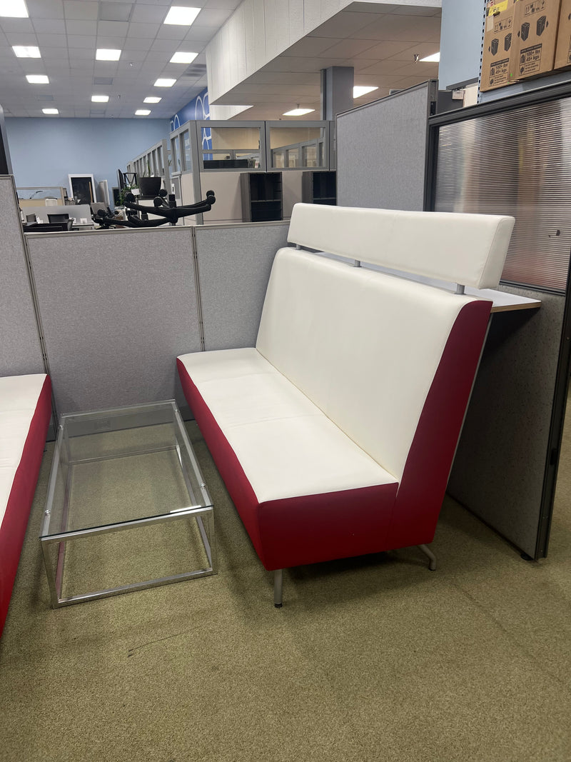 Used Red and White Lobby Couch with bar height table attached