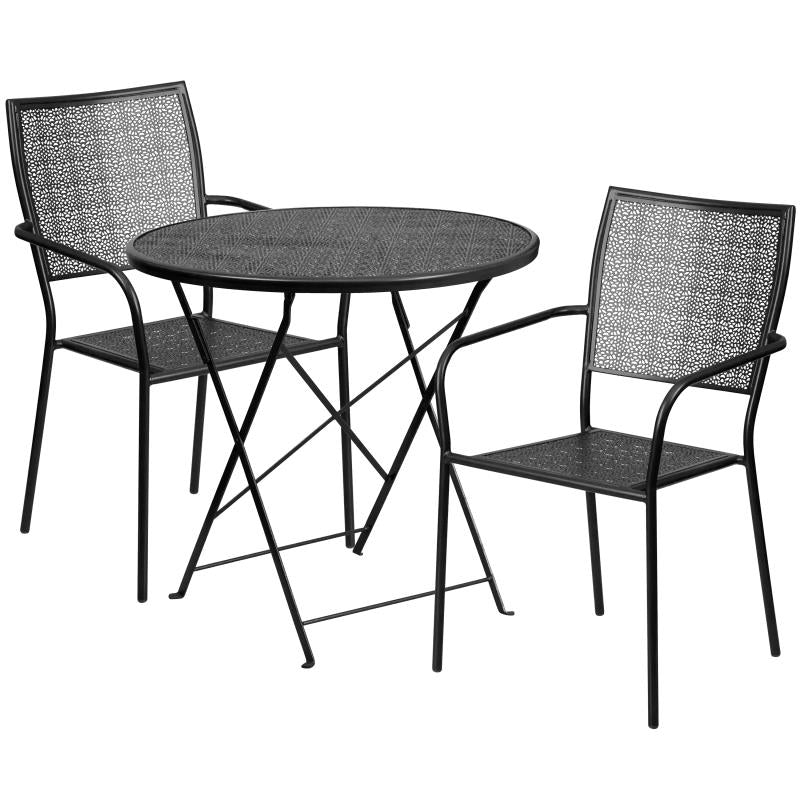 FLASH Oia Round Indoor-Outdoor Steel Folding Patio Table Set w/ Square Back Chairs - CO-RDF-02CHR-GG