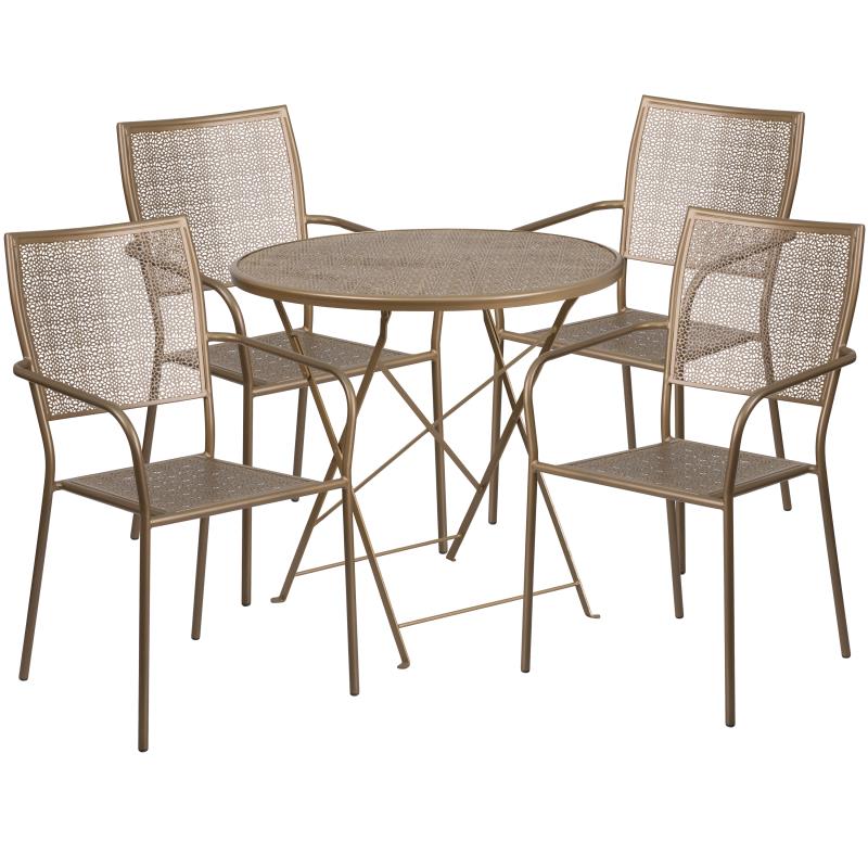 FLASH Oia Round Indoor-Outdoor Steel Folding Patio Table Set w/ Square Back Chairs - CO-RDF-02CHR-GG