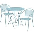 FLASH Oia Round Indoor-Outdoor Steel Folding Patio Table Set w/ Round Back Chairs - CO-30RDF-03CHR-GG