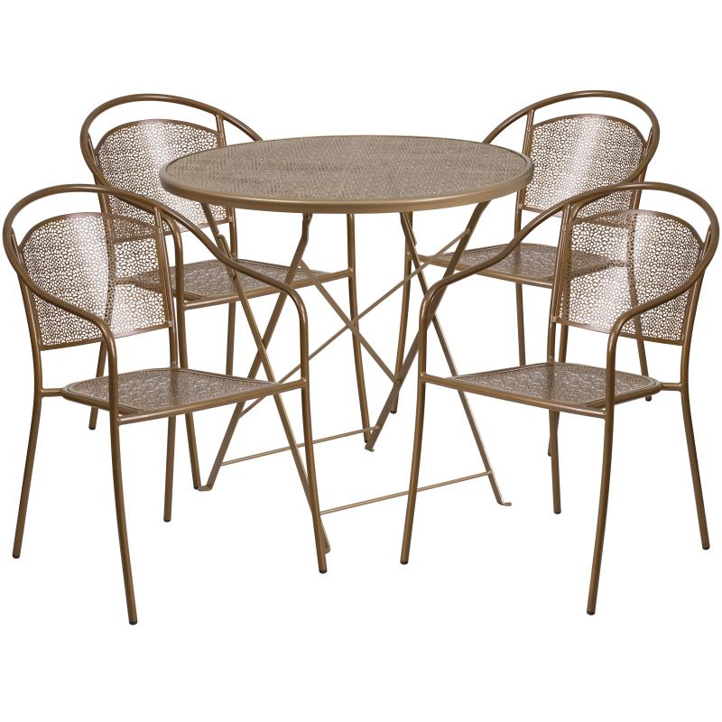 FLASH Oia Round Indoor-Outdoor Steel Folding Patio Table Set w/ Round Back Chairs - CO-30RDF-03CHR-GG