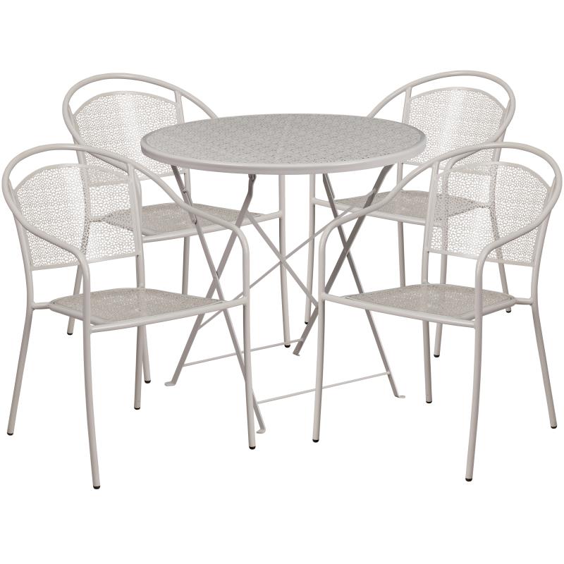 FLASH Oia Round Indoor-Outdoor Steel Folding Patio Table Set w/ Round Back Chairs - CO-30RDF-03CHR-GG