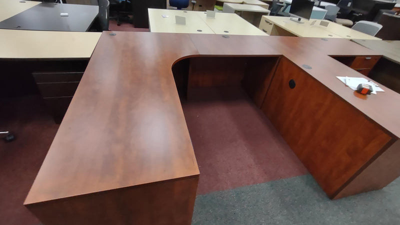 USED BOSS L-shape cherry desk with pedestal
