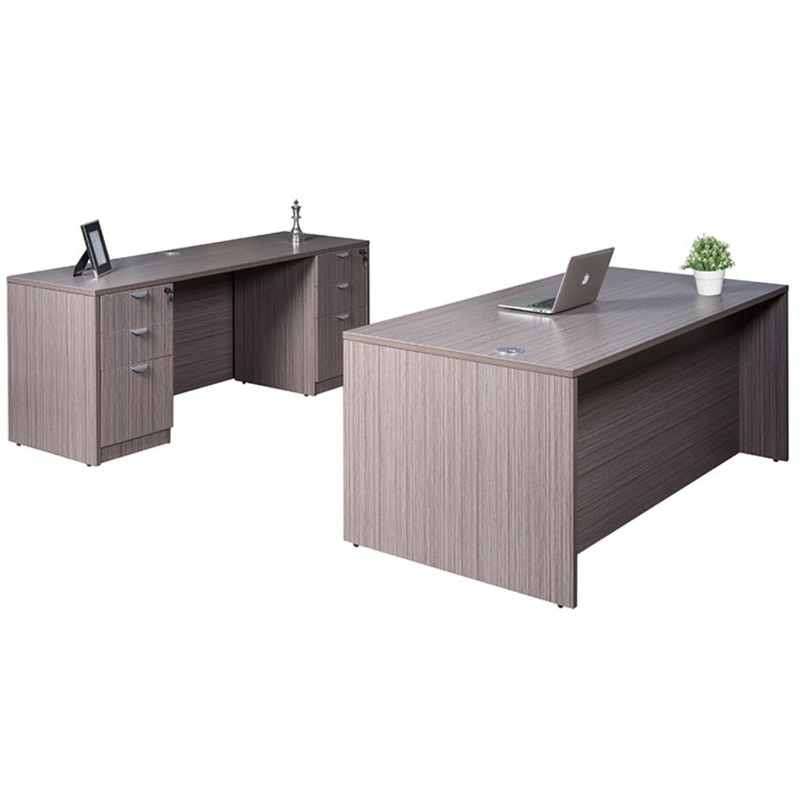 Boss Holland Series Office Suite, 66 Inch Desk and Credenza with Dual File Storage Pedestals, Driftwood