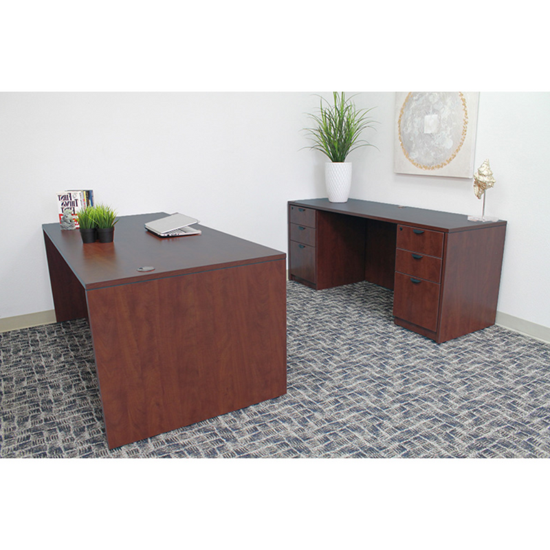Boss Holland Series Office Suite, 66 Inch Desk and Credenza with Dual File Storage Pedestals, Mahogany