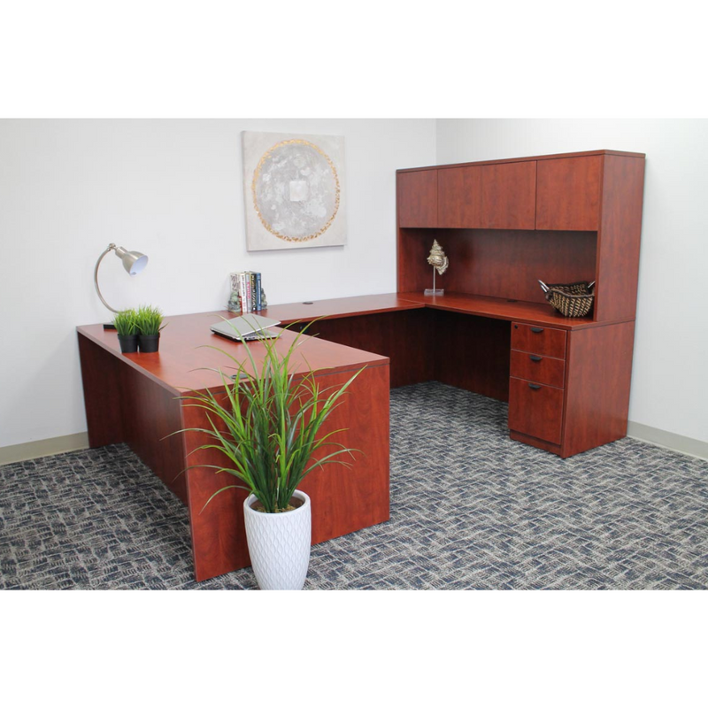 Boss Holland Series 66" or 71" Width Executive U-Shape Desk with File Storage Pedestal and Hutch, Cherry