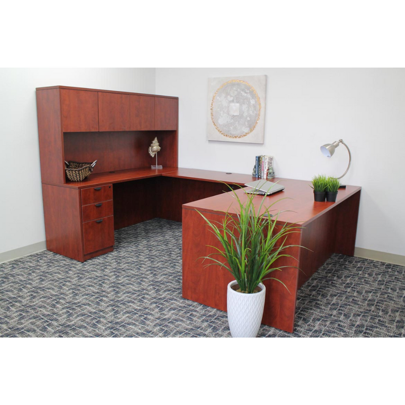 Boss Holland Series 66" or 71" Width Executive U-Shape Desk with File Storage Pedestal and Hutch, Cherry
