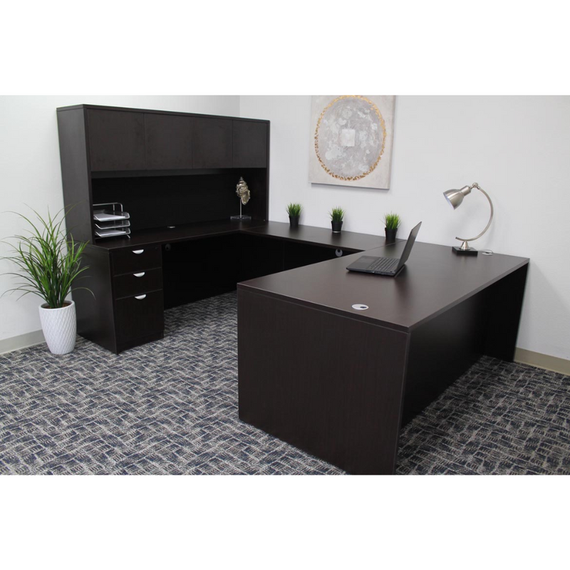 Boss Holland Series 66" or 71" Executive U-Shape Desk with File Storage Pedestal and Hutch, Mocha