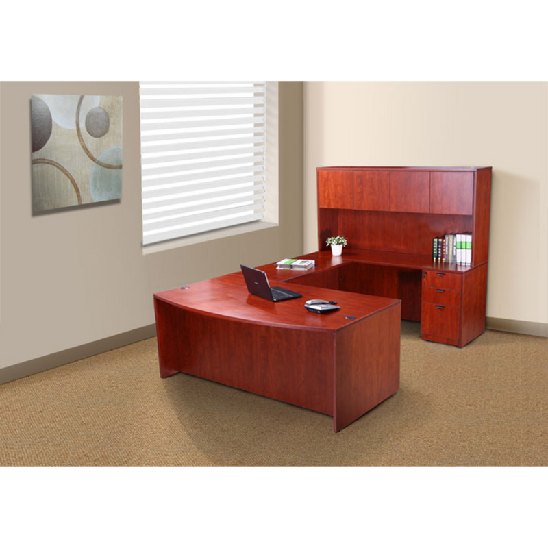 Boss Holland Series 71 Inch Executive U-Shaped Curved Bow Desk with File Storage Pedestal and Hutch, Cherry