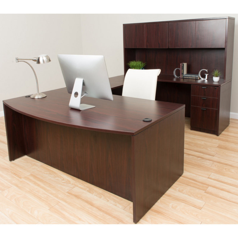 Boss Holland Series 71 Inch Executive U-Shaped Curved Bow Desk with File Storage Pedestal and Hutch, Mahogany