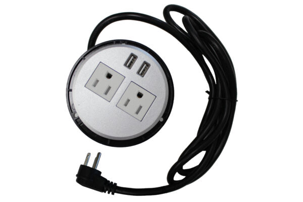Boss 3″ Grommet Outlet with 2 electrical & 2 USB ports on top and 1 bottom outlet for daisy chain, Silver/Black