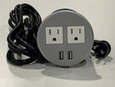 Boss 3″ Grommet Outlet with 2 electrical & 2 USB ports on top and 1 bottom outlet for daisy chain, Silver/Black